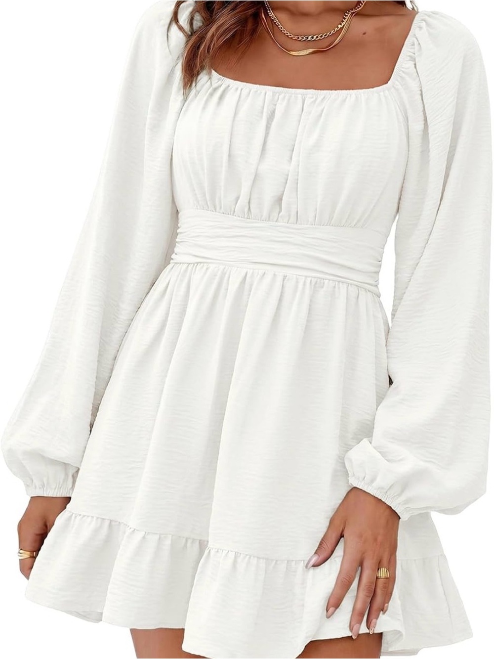 Women's White Long Sleeve Square Neck Mini Dress